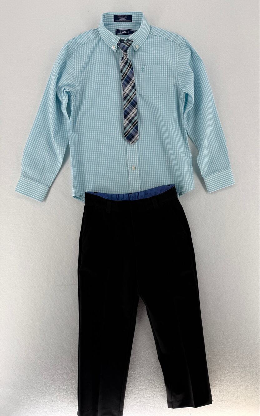 IZOD Boys Size 6 7 Dress Shirt Tie Black Pants 3 Piece Formal Wedding Outfit